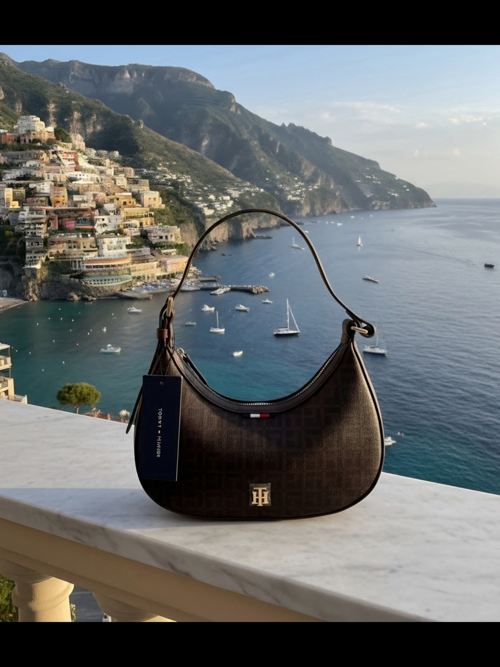 Tommy Hilfiger Dark Brown Monogram Crescent Shoulder Bag with Gold TH Logo